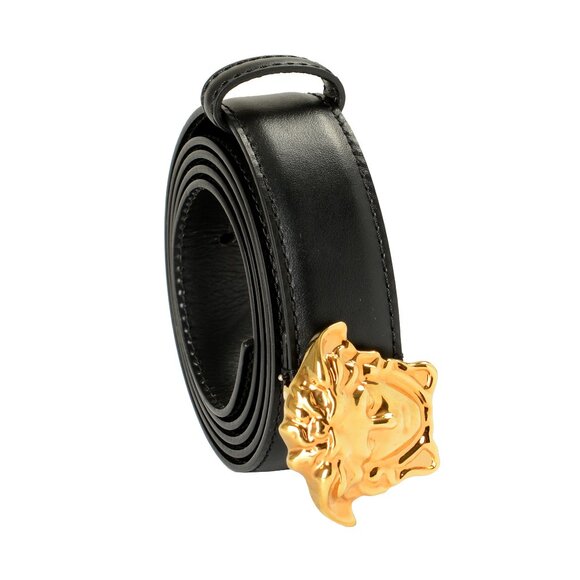 Versace Black 100% Leather Gold Medusa Head Logo Decorated Belt US 44 IT 110 - Picture 1 of 5